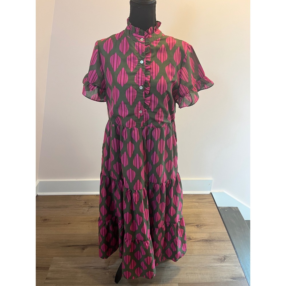 J. Marie Pink Olive Geometric Tiered Midi Dress Ruffle Neck Pockets Small